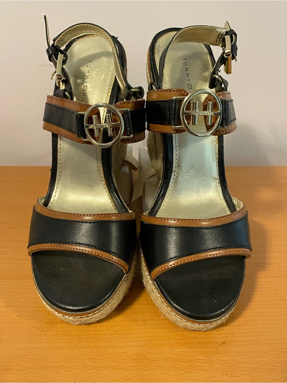Tommy Hilfiger Black & Brown Espadrille Wedge Sandals with Logo Buckle